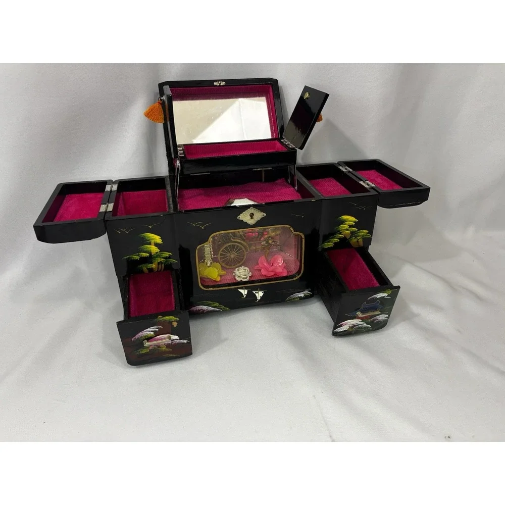 Vintage Japanese Black Lacquer Musical Jewelry Box- Window Diorama